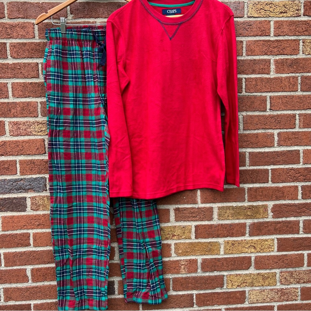 Chaps Mens 2-Piece Sleep Set Red Green Plaid Cotton Bottom Poly Top Size Small